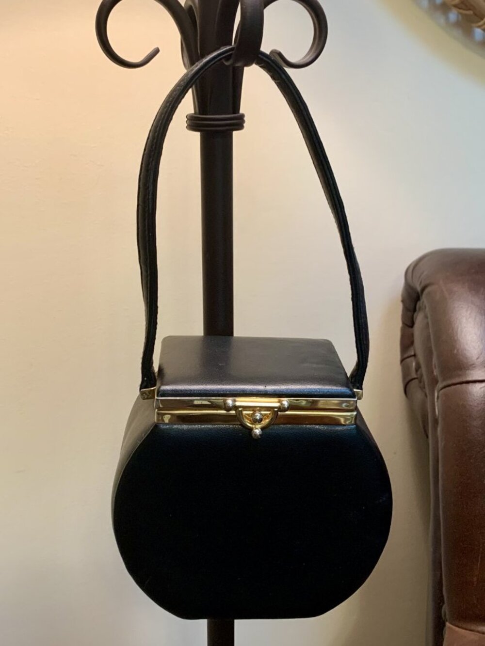 Vintage Mid-Century Style Retro Black Vinyl Vanity Box Purse